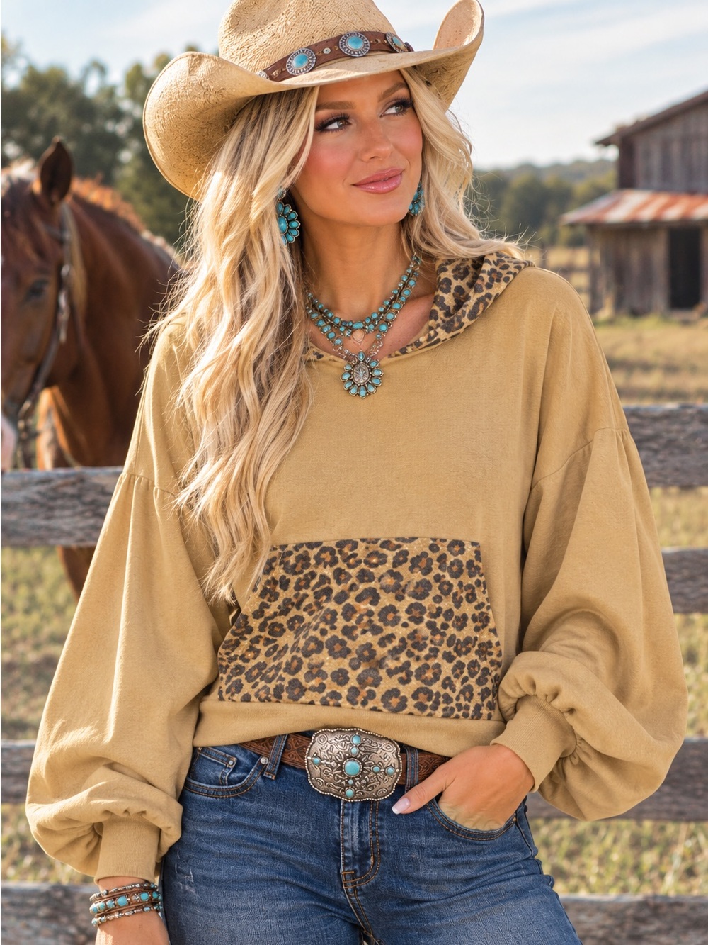 $54 NEW Zenana Drop Shoulder Balloon Sleeve Contrasting Leopard Print Hoodie S